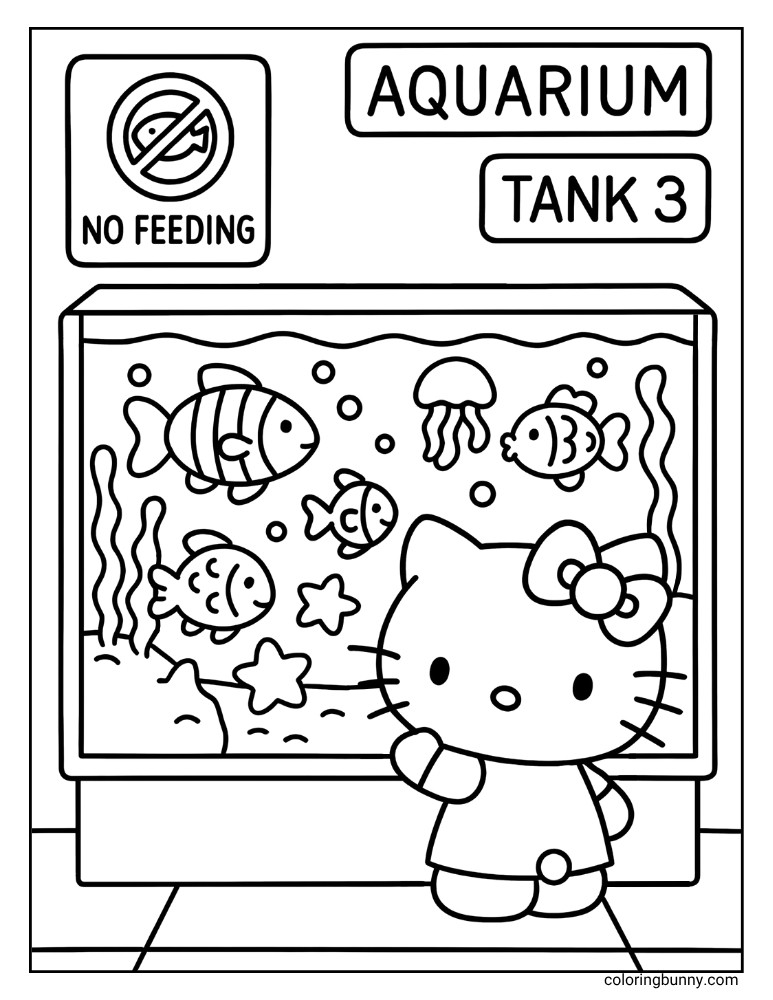 Hello Kitty's aquarium visit coloring page, portraying her enjoying the underwater world from outside a fish tank. The illustration highlights diverse sea creatures and plants within the tank, and a clear "NO FEEDING" rule is visible.