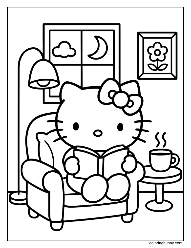 Hello Kitty reading a book in her armchair at home, with a steaming drink, on this cozy Hello Kitty coloring page.