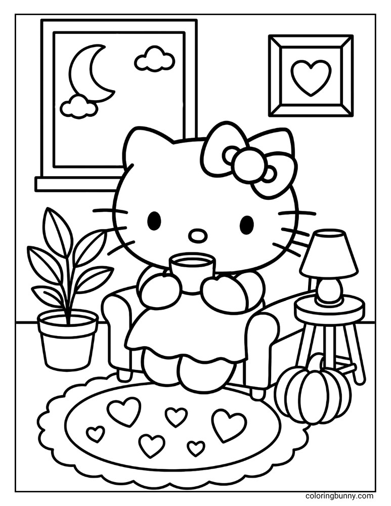 Hello Kitty relaxation themed coloring sheet, depicting her enjoying a warm drink in a comfortable armchair. The illustration includes various charming room details like a plant, lamp, and a window view.