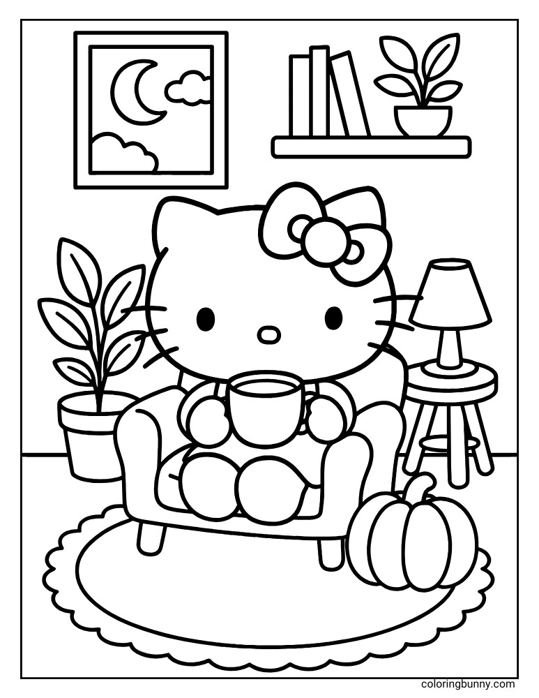 Hello Kitty coloring page, showing her sitting in an armchair, enjoying a cup of tea, in a cozy room with houseplants, a bookshelf, a lamp, a pumpkin, and a window displaying a moon and clouds.