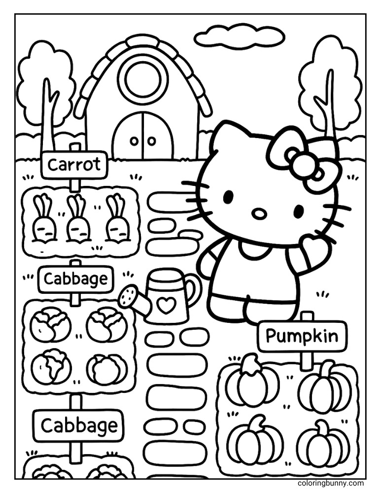 A charming farm-themed coloring page with Hello Kitty as the central figure, in a garden tending to fresh produce. The scene details various crops with signs, a barn, trees, and mountains, capturing a peaceful rural atmosphere.