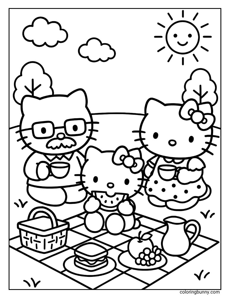 A printable coloring sheet featuring Hello Kitty with her mom and dad on a picnic blanket, surrounded by food. The outdoor setting includes trees, clouds, and a smiling sun, all ready for coloring.