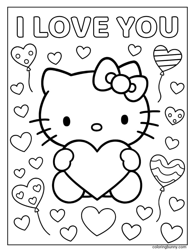 A black and white Hello Kitty coloring page showing Hello Kitty holding a large heart, surrounded by many smaller hearts and heart-shaped balloons. The words "I LOVE YOU" are written in large bubble letters at the top of the page.