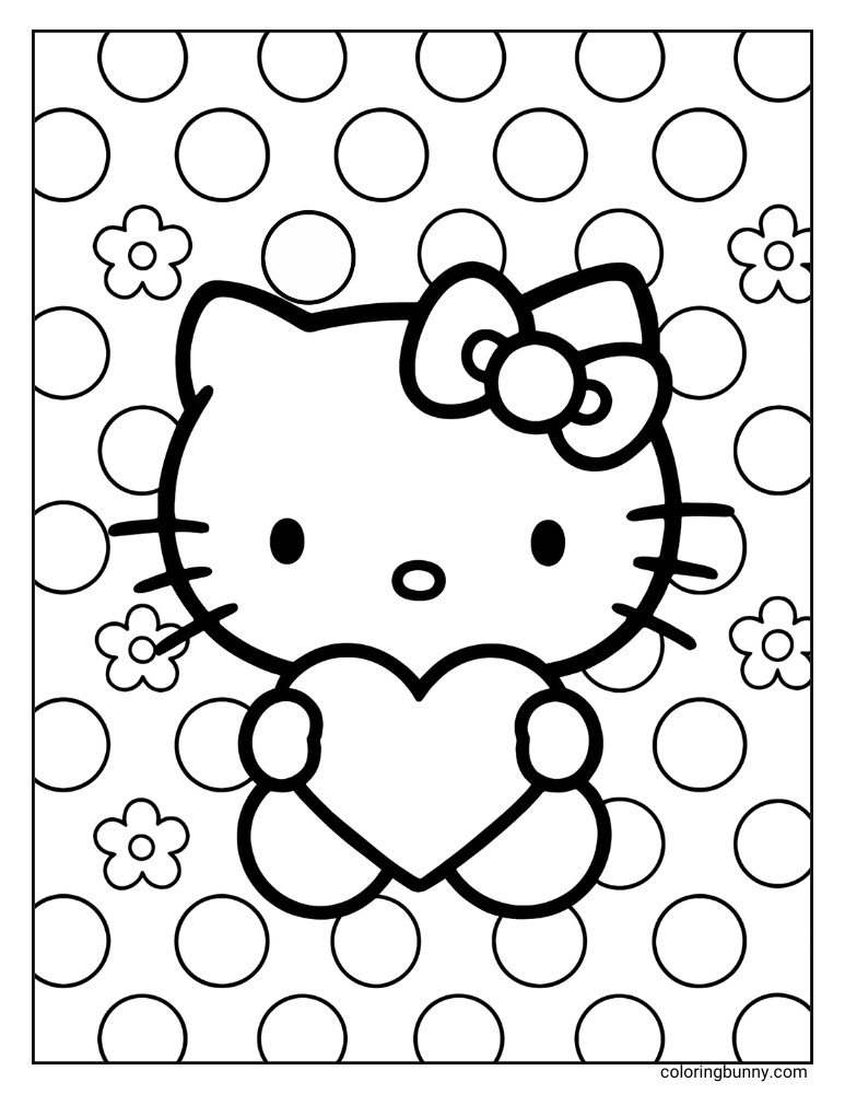 A portrait black and white coloring page of Hello Kitty holding a heart, with polka dots and flowers in the background