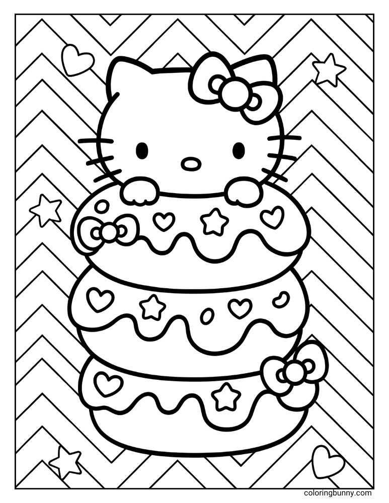 Hello Kitty peeking from a stack of decorated donuts with a zigzag background, on this sweet coloring page.