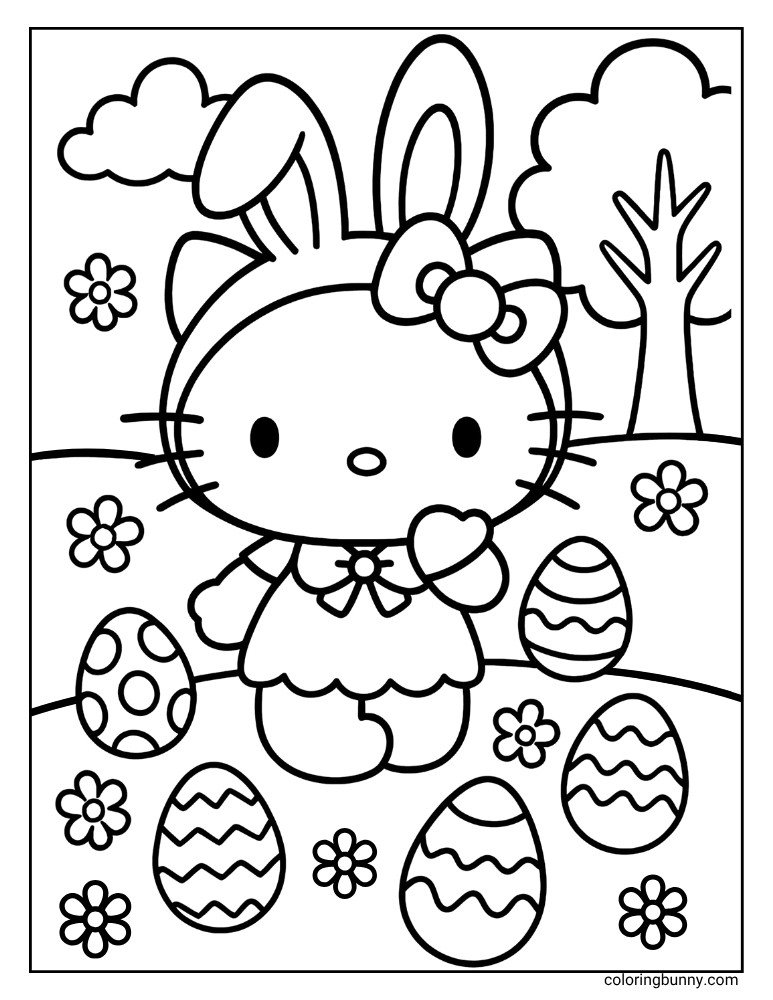 A cheerful Easter scene for coloring, featuring Hello Kitty with bunny ears and a bow, standing amidst patterned Easter eggs and blooming flowers. A tree and clouds are visible in the background, ready for creative coloring.