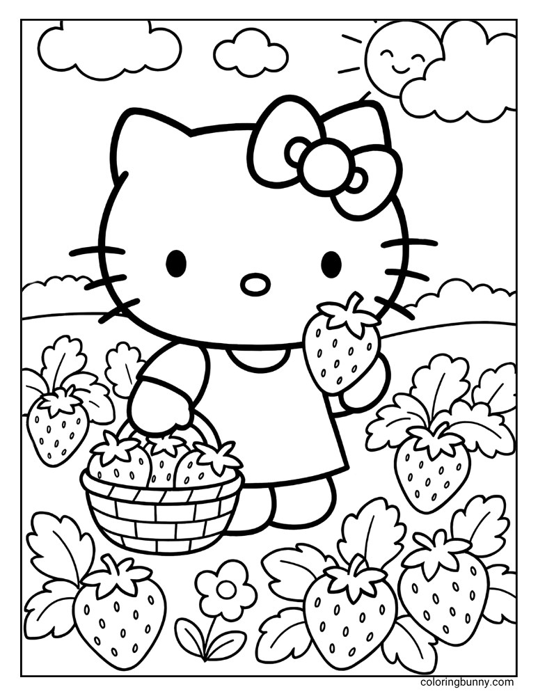 An active outdoor scene for coloring, depicting Hello Kitty happily harvesting numerous strawberries. She holds one berry and has a full basket, amidst large strawberry plants, rolling hills, a cheerful sun, and clouds.