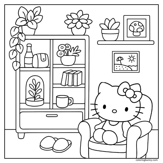 Hello Kitty at home coloring page. She sits in an armchair, surrounded by plants, a cabinet with books and decor, and framed pictures on the wall.