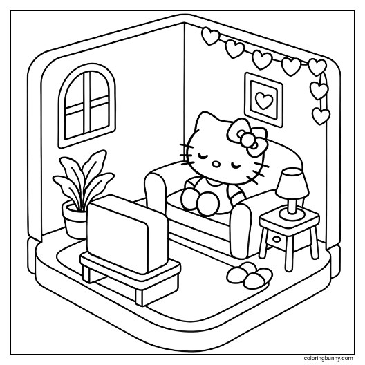 A comfortable indoor scene for coloring, featuring Hello Kitty sound asleep on a couch in an isometric room. The cozy space includes a television, a houseplant, a lamp on a side table, and wall decorations like a framed heart and heart-shaped garland.