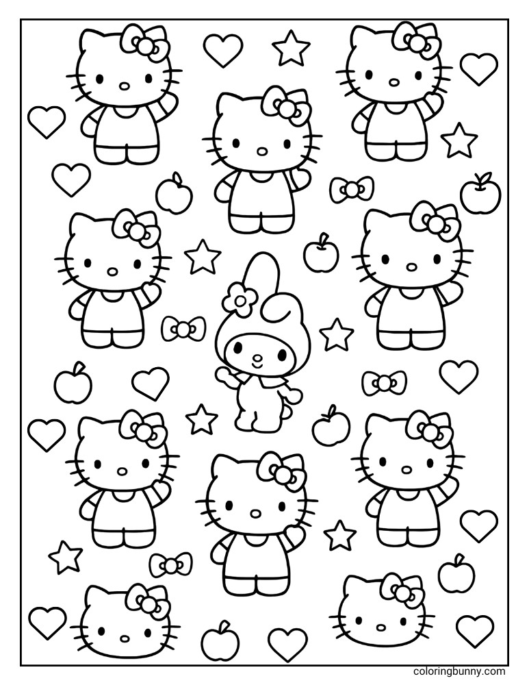 Sanrio characters coloring page with a repeating pattern of Hello Kitty and My Melody figures, accented by hearts, stars, apples, and bows.