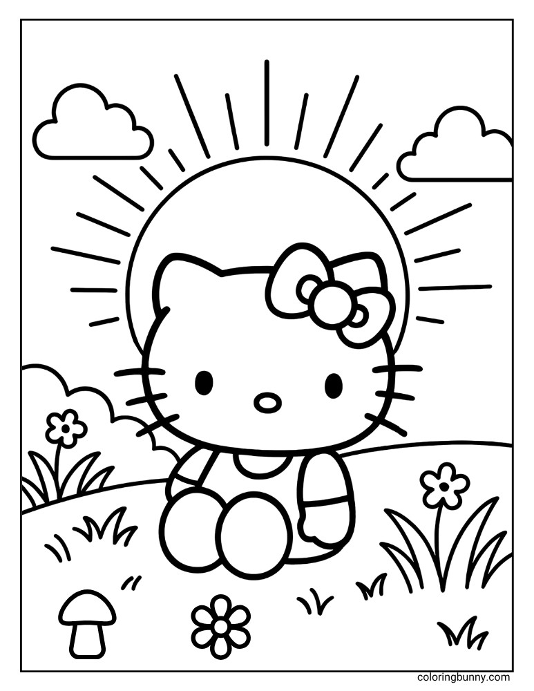 A peaceful outdoor scene for coloring, featuring Hello Kitty seated on a grassy hill, with flowers and a mushroom. A prominent sun with radiating lines suggests either a sunrise or sunset, with clouds in the sky.