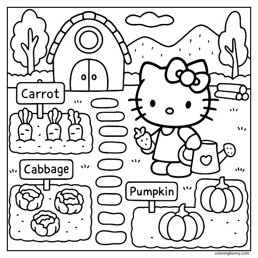 Hello Kitty vegetable patches coloring page. She holds a strawberry and watering can, in a garden with carrots, cabbage, pumpkins, a barn, trees, and mountains.