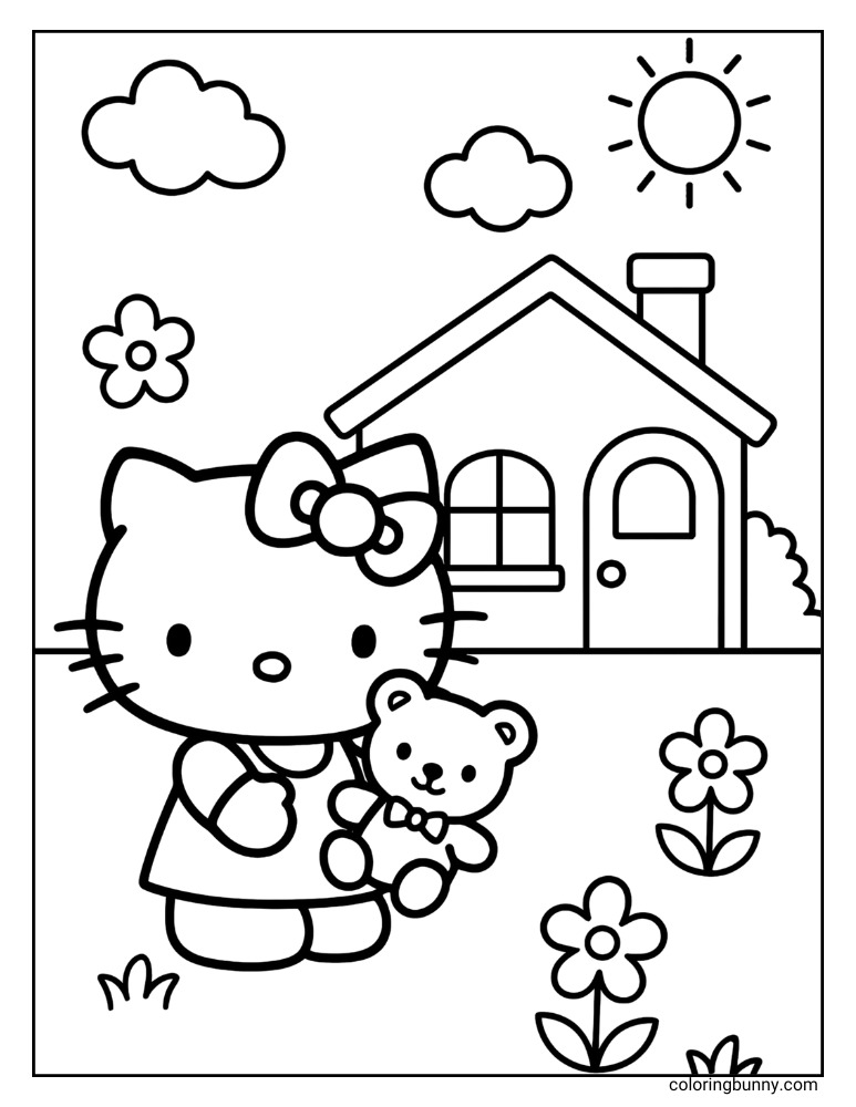 Hello Kitty holding a teddy bear outside a house, on this sweet Hello Kitty coloring page.