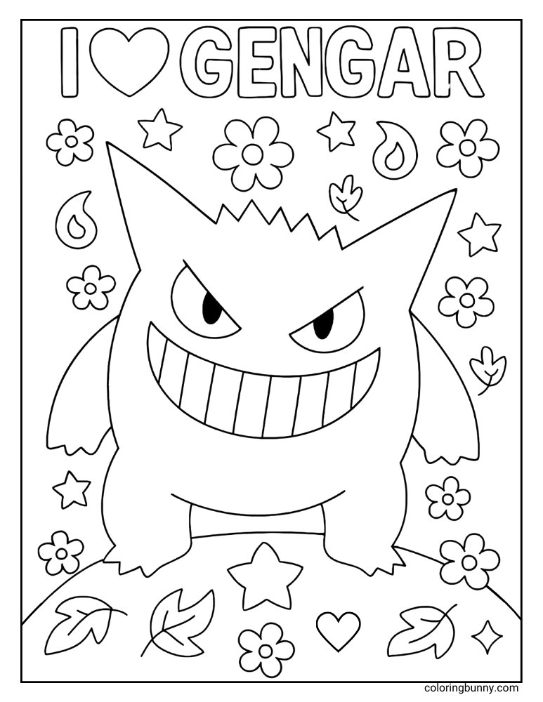 Sweet Gengar coloring page, with the grinning Pokémon surrounded by flowers, stars, leaves, and hearts, accompanied by "I Heart Gengar" text.