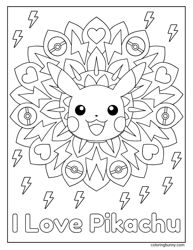 A detailed mandala coloring page with Pikachu's face at the center, surrounded by hearts and Poké Balls, with the text 'I Love Pikachu' written underneath.