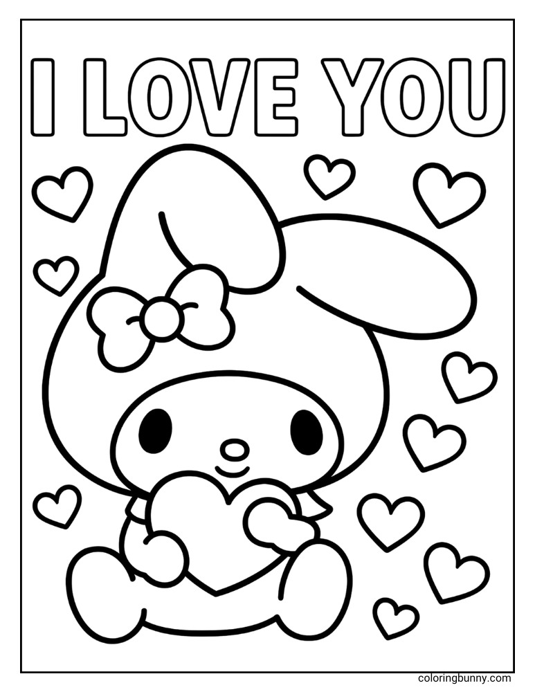My Melody coloring page with her sitting down, holding a heart, surrounded by smaller hearts and the words “I Love You.”