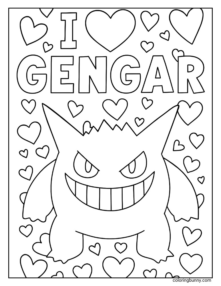Adorable Gengar coloring page, showing the grinning Pokémon surrounded by numerous hearts and the text "I love Gengar," perfect for fans.