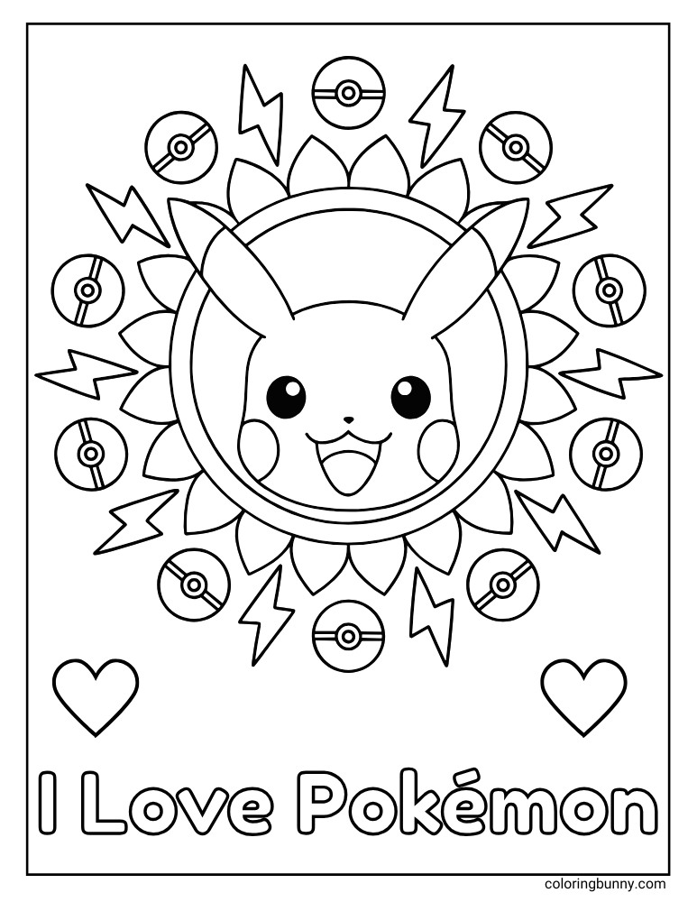Black and white portrait coloring page of Pikachu in a mandala design with hearts, Poké Balls, and lightning bolts, captioned “I Love Pokémon.”