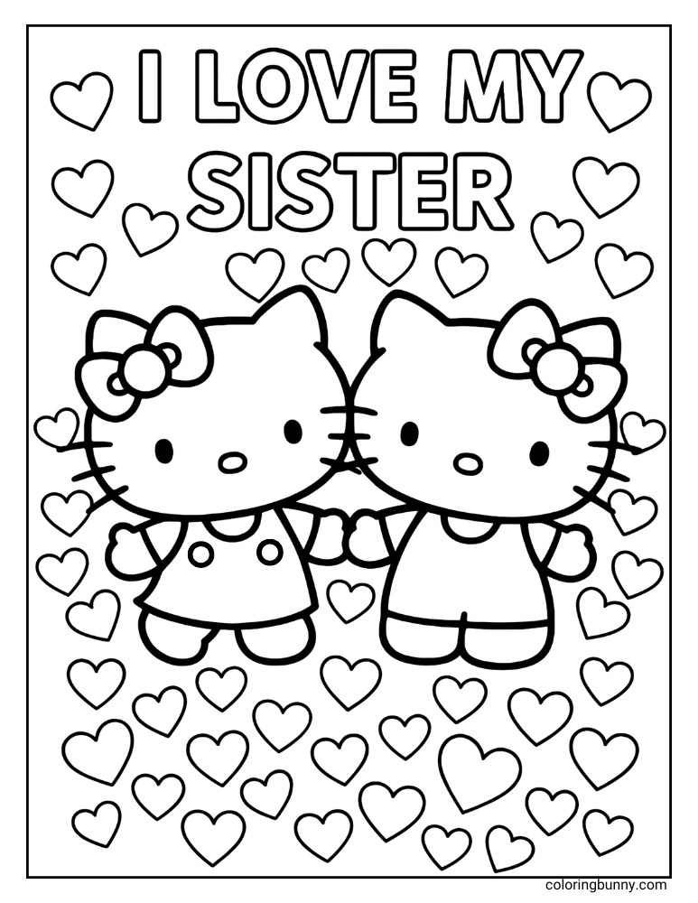 Hello Kitty and Mimmy holding hands, surrounded by hearts, with "I LOVE MY SISTER" text, on this sweet Sanrio coloring page.