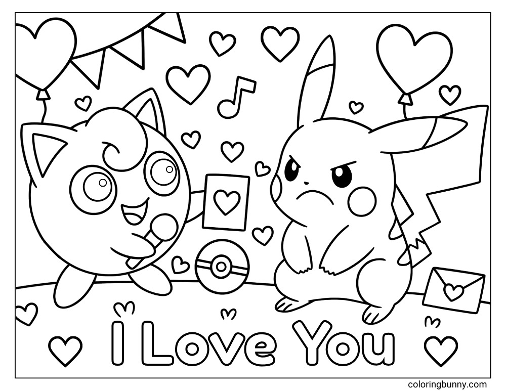 Cute Valentine's coloring page of Jigglypuff giving a love note to Pikachu with hearts and decorations.