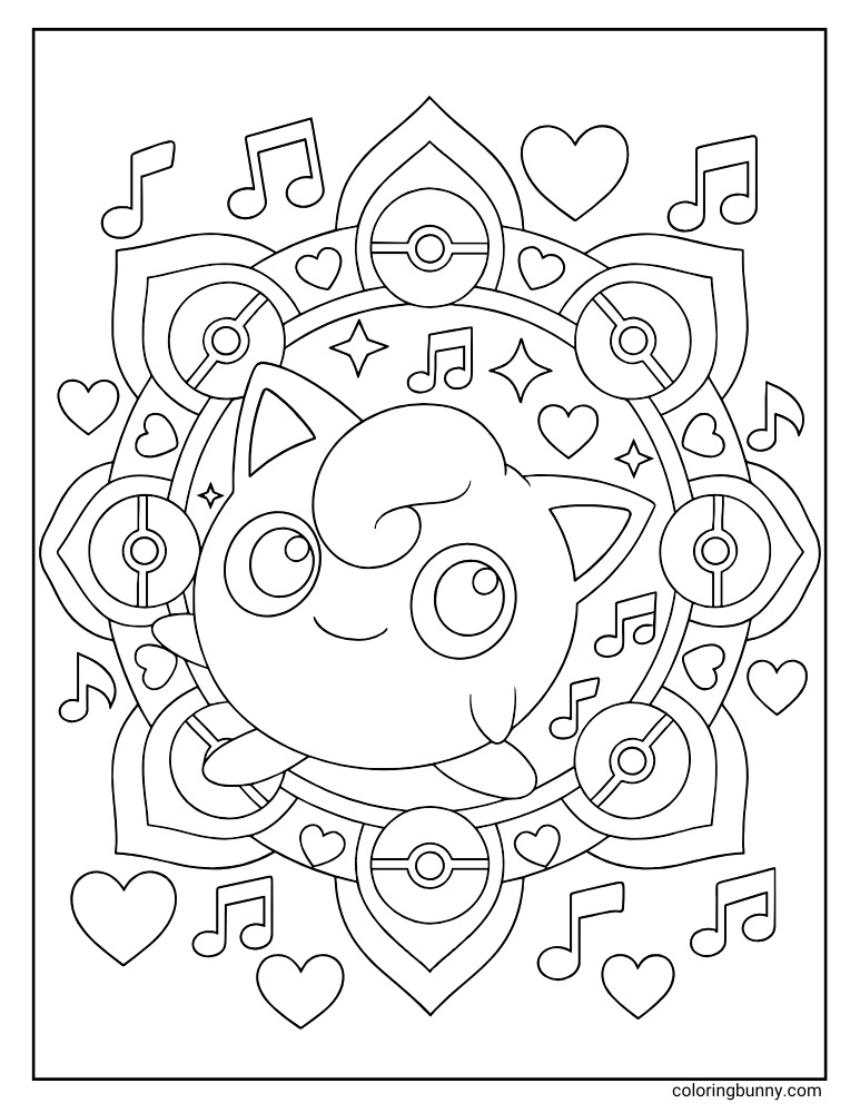 Black and white portrait coloring page of Jigglypuff in a mandala pattern with musical notes and hearts.