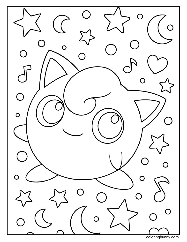 Jigglypuff coloring page with Jigglypuff surrounded by notes, stars, circles, and hearts