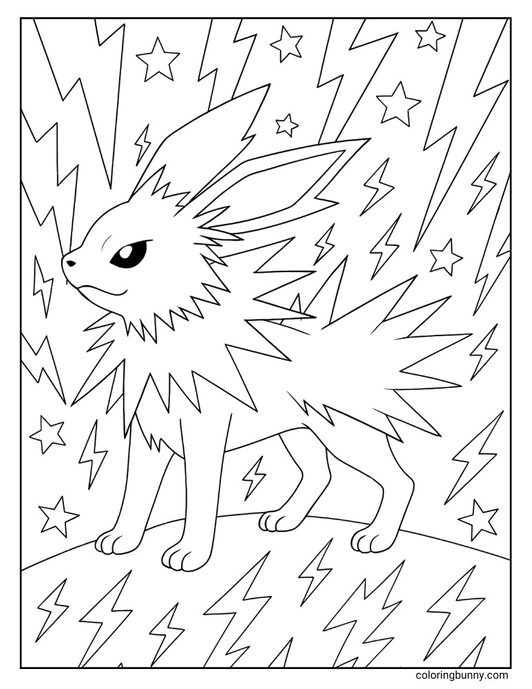 Jolteon in a storm of lightning and stars coloring page