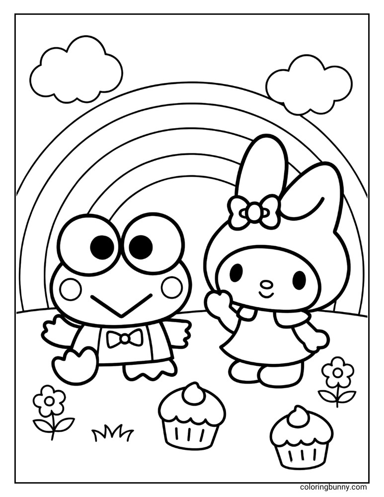Keroppi and My Melody with cupcakes coloring page. They stand among flowers and cupcakes, under a rainbow and clouds.