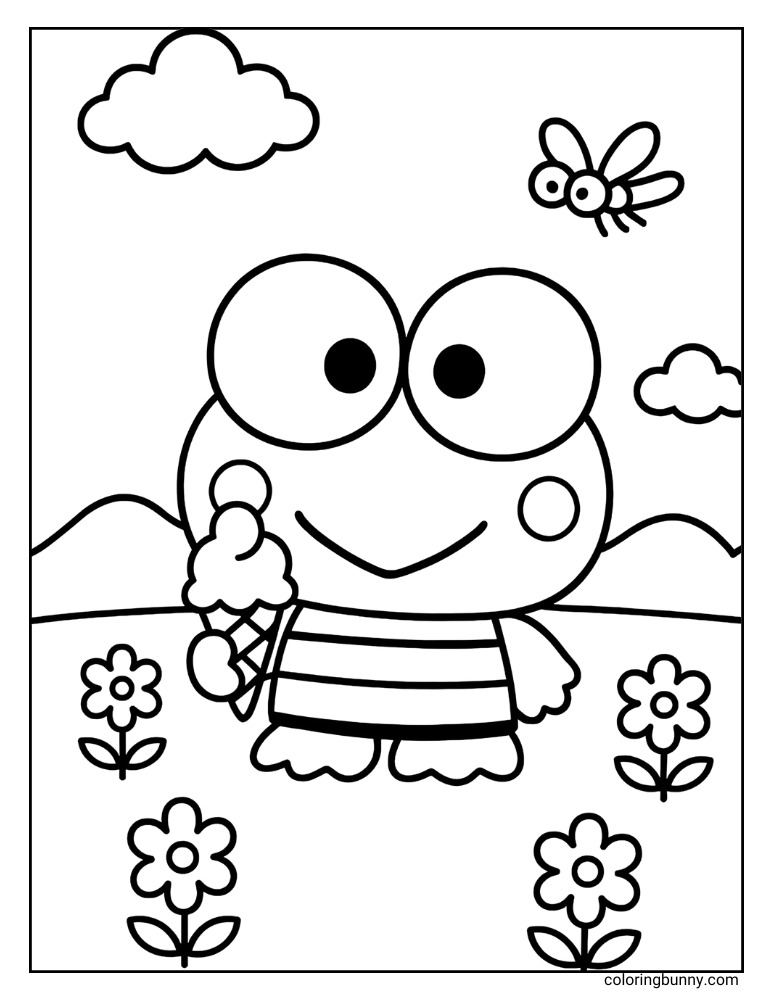 Keroppi coloring page showcasing Keroppi enjoying a cool treat on a sunny day. He is in a field with flowers, rolling hills, clouds, and a bee, all ready for vibrant coloring.