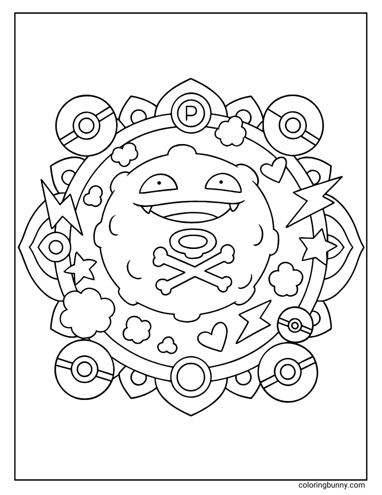 Black and white portrait coloring page of Koffing in a mandala with Poké Balls, clouds, hearts, and lightning bolts.