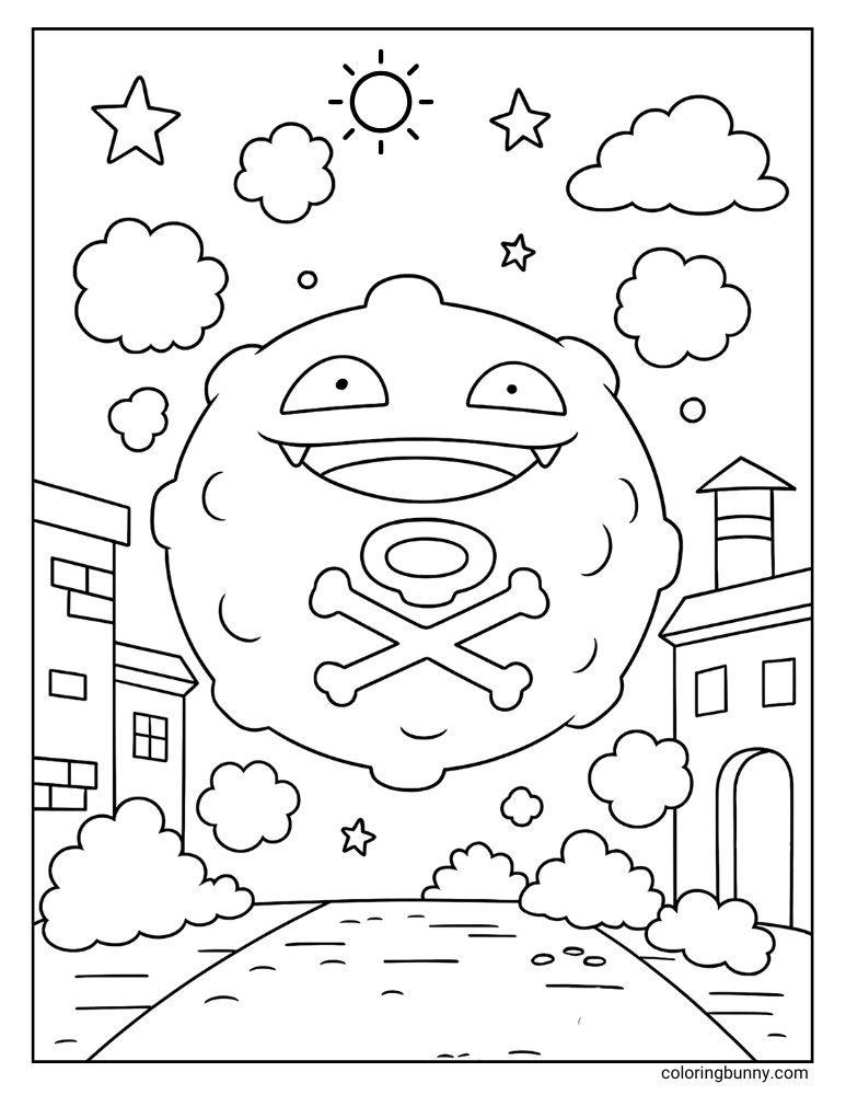 Pokémon coloring page of Koffing floating above buildings with clouds, stars, and the sun in the sky.