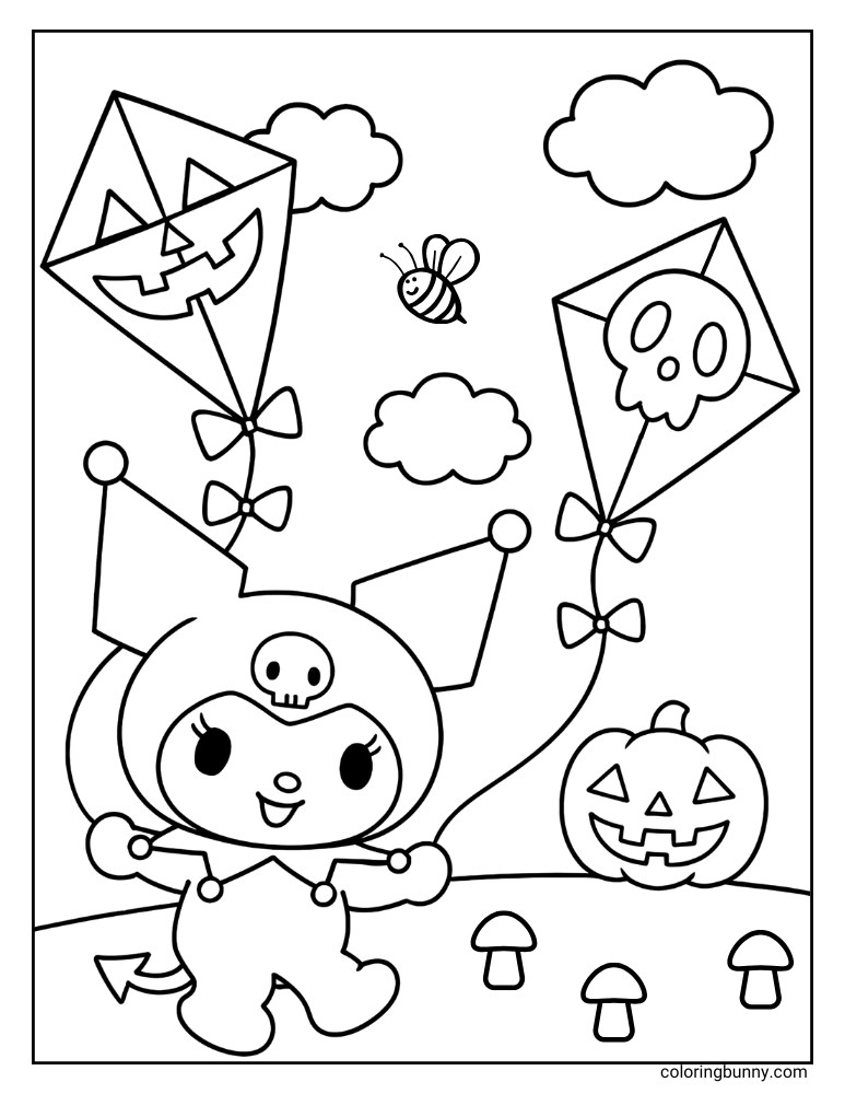 A black and white coloring page featuring Kuromi standing on a grassy hill, holding the strings of two Halloween-themed kites: one shaped like a jack-o'-lantern and the other with a skull design. There's a carved pumpkin and several mushrooms on the ground, a bee flying, and clouds in the sky.