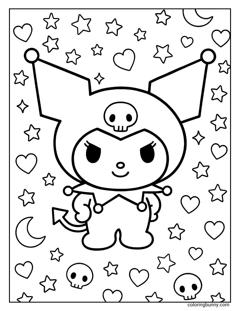 Kuromi themed coloring sheet with a busy background pattern of stars, hearts, moons, and skulls, framing the main character.