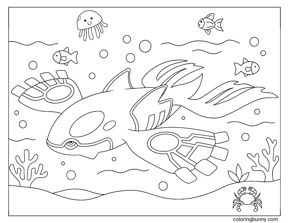 Coloring sheet of Kyogre underwater with ocean animals, coral, and bubbles all around.