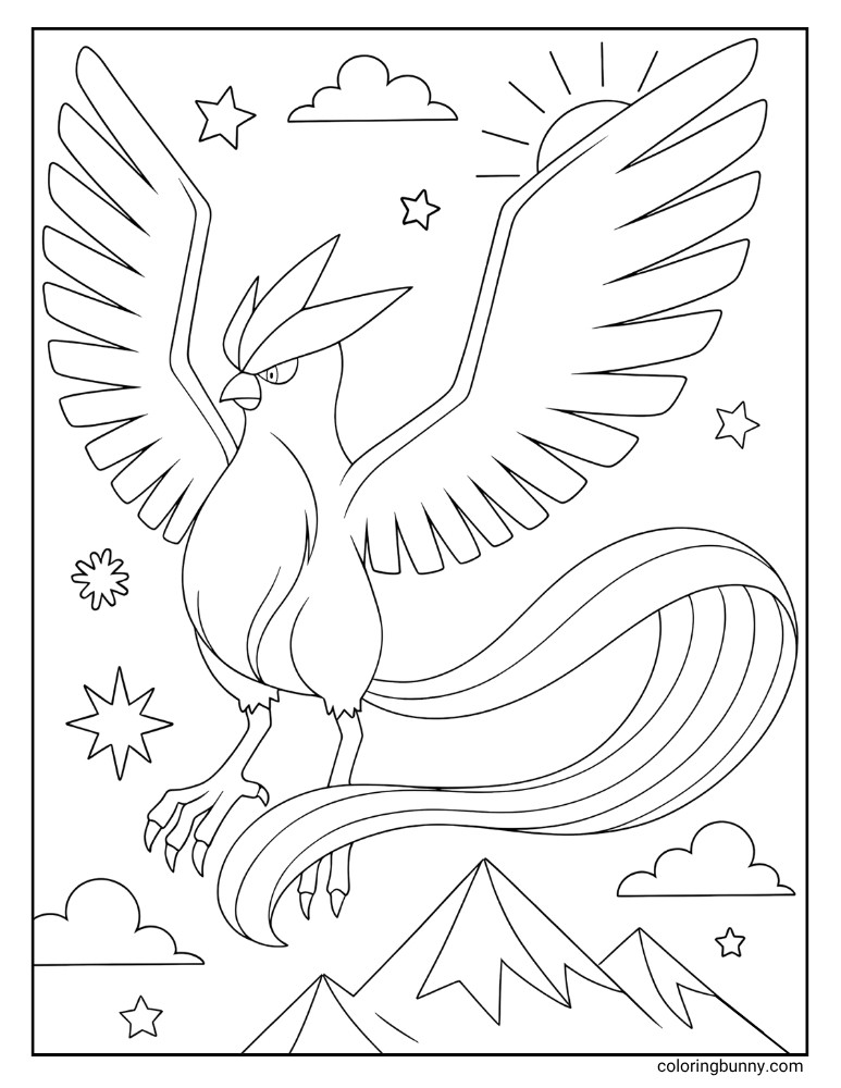 Legendary Articuno Pokemon coloring page of Articuno flying above mountains with clouds, stars, and the sun in the sky.