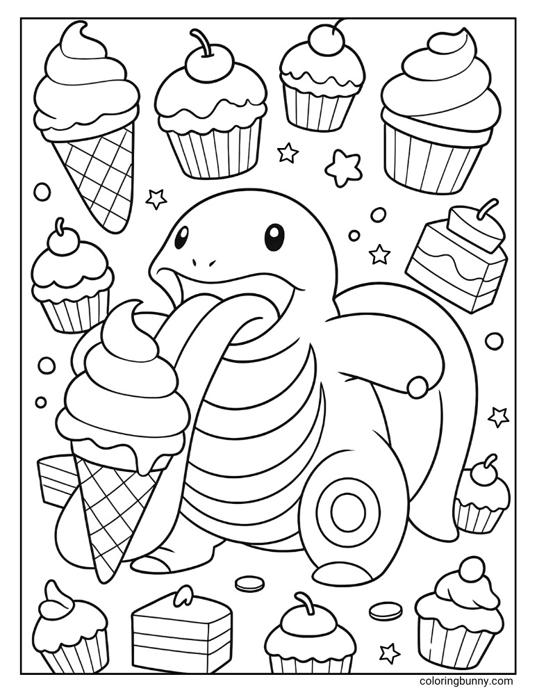 Portrait coloring page of Lickitung happily eating ice cream, surrounded by cupcakes, cakes, and candies.