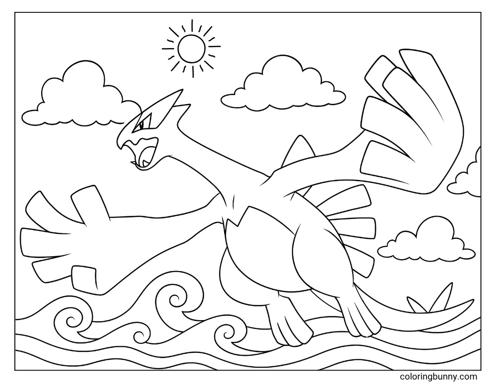 Legendary Pokémon Lugia coloring page, flying gracefully over the sea with the sun and clouds in the sky.