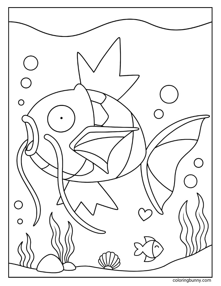 Magikarp coloring page with Magikarp under the sea with bubbles and seaweed
