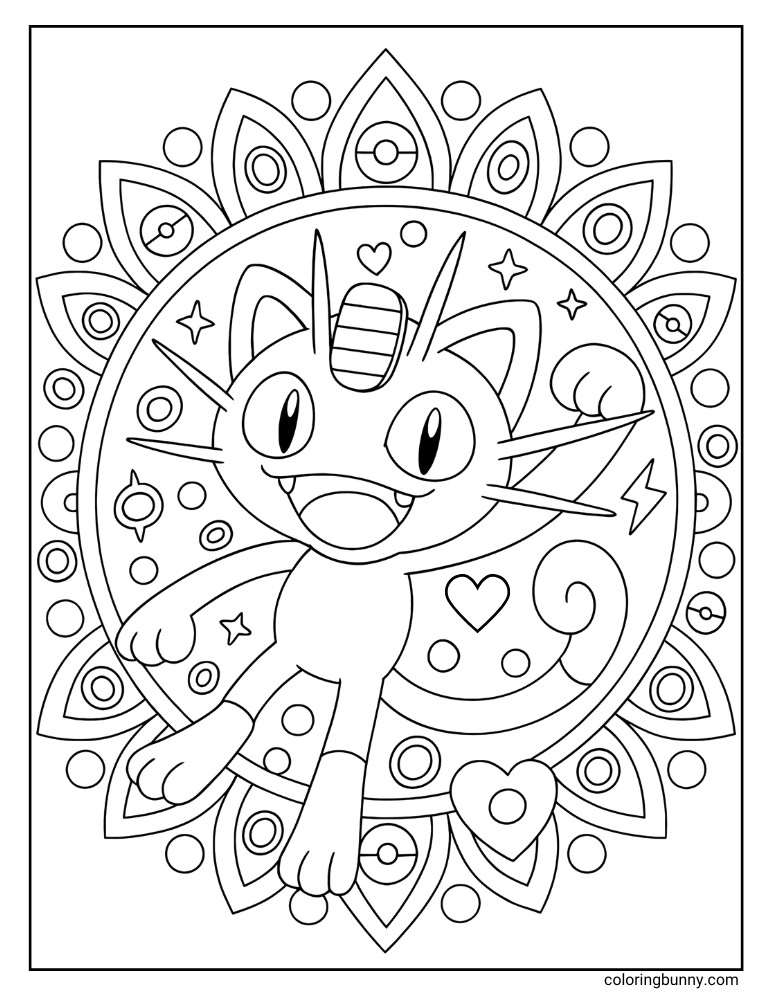 Black and white portrait coloring page of Meowth inside a decorative mandala with hearts, stars, and circular designs.