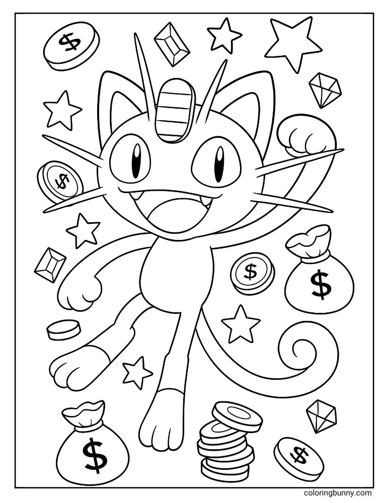 Pokemon coloring page: Meowth surrounded by gems, coins, stars, and sacks of money.