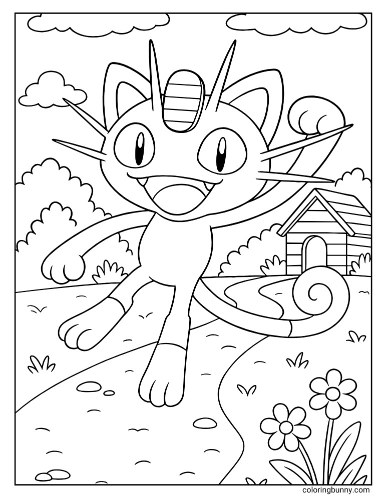 Portrait coloring page of Meowth walking down a sunny path with flowers, trees, and a small house in the background.
