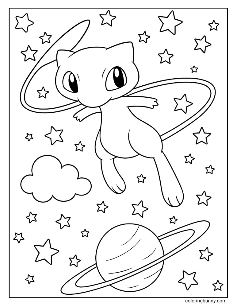Black and white portrait coloring page of Mew in the sky with stars and clouds in the background.