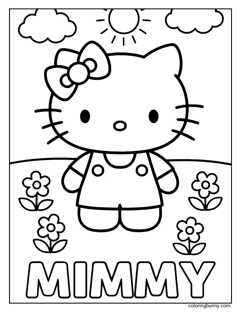 A coloring page featuring the character Mimmy, Hello Kitty's sister, wearing a bow on her right ear. She is standing in a grassy area surrounded by flowers. In the background, there's a smiling sun and two clouds. The word "MIMMY" is written in large bubble letters at the bottom of the page.