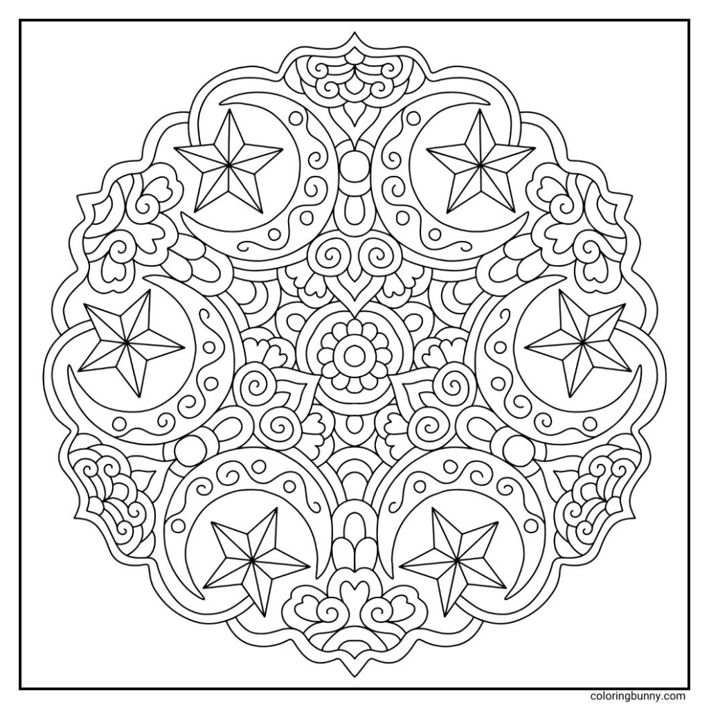 A night sky filled with 3D stars and ornate crescent moons, arranged in symmetrical patterns in a dreamy hand-drawn mandala coloring page on a square canvas.