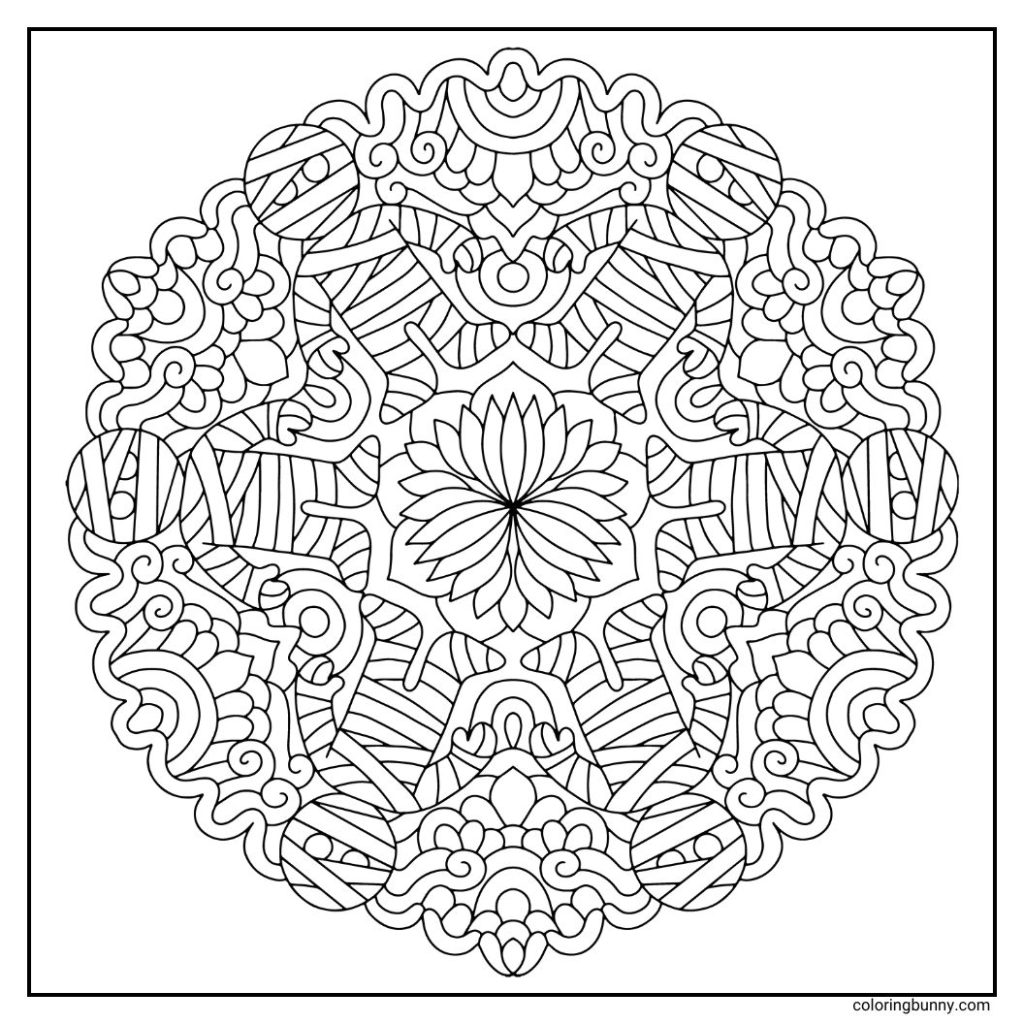 Ancient mummies wrapped in bandages, surrounded by symmetrical patterns and an inner floral motif in a hand-drawn Halloween mandala coloring page on a square canvas.