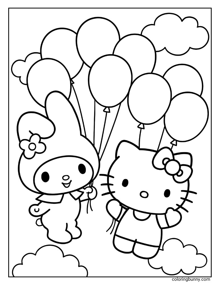 My Melody and Hello Kitty coloring page, floating in the sky while holding many balloons, surrounded by clouds.