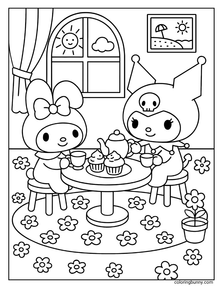 My Melody and Kuromi enjoying tea and cupcakes at a table, on this delightful coloring page.