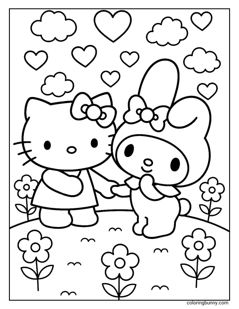 Sanrio coloring page of My Melody and Hello Kitty holding hands in a flower meadow