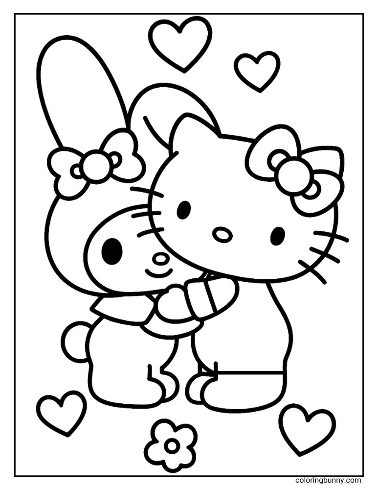 My Melody and Hello Kitty coloring page featuring the two characters hugging with hearts and a flower.