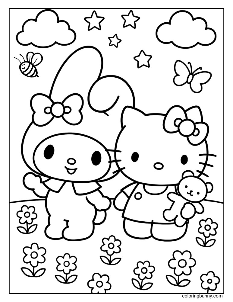 Coloring sheet of My Melody and Hello Kitty, with Hello Kitty holding a teddy bear. They are in a field of flowers, under a sky with clouds, stars, a bee, and a butterfly.